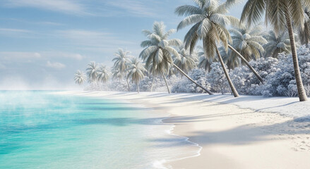 Winter tropical paradise beach ocean palm trees snow covered sand vacation destination travel dreamy scene