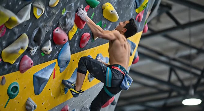 Male climber ascending indoor bouldering wall in athletic wear  