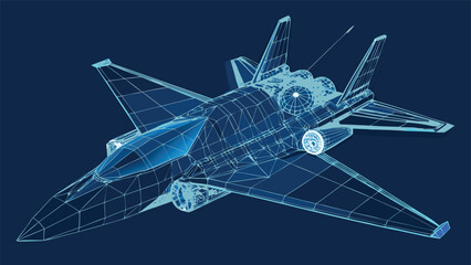 A fighter jet depicted as a wireframe model, highlighting its geometric shape and aerodynamic features..eps