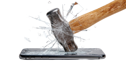 A hammer smashing a shattered phone screen
