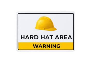 A warning sign indicating a hard hat area, featuring a yellow hard hat illustration and bold text to alert individuals of safety requirements.