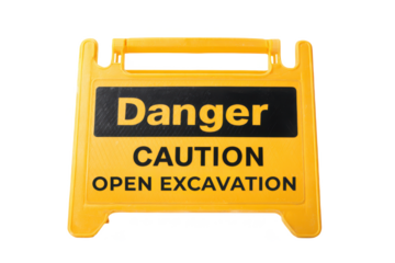 A yellow caution sign indicating danger and the presence of an open excavation area.
