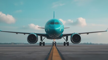 Naklejka premium Modern Aircraft on Runway with Blue Sky and White Clouds Background