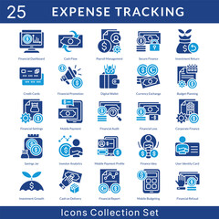 Expense Tracking icon set collection in solid glyph style. an icon pack contain secure finance, investment return, credit cards, financial promotion, digital wallet, currency exchange