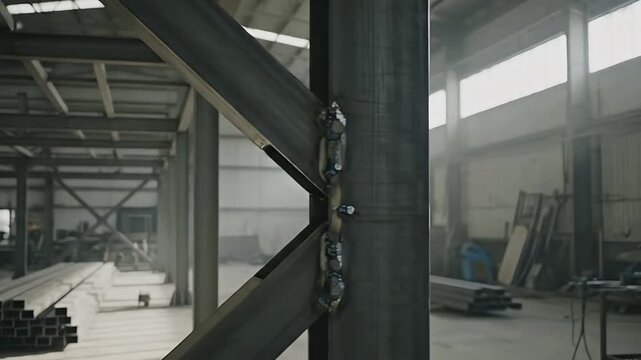 Metal beams intersect in a large industrial warehouse showing welding marks and abundant natural light