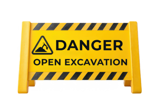A bright yellow warning sign indicating danger due to an open excavation site, featuring a graphic icon and bold text.