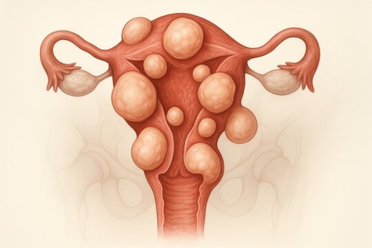 Frontal anatomical view of enlarged uterus with multiple fibroids in intramural, submucosal, and subserosal locations. Irregular contour, muted surrounding anatomy, clean medical gradient.