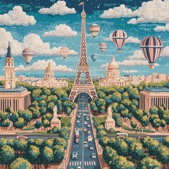 Vibrant Cityscape Featuring Eiffel Tower and Colorful Hot Air Balloons
