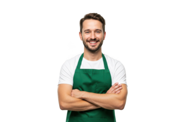 Smiling man wearing a green apron isolated on transparent background