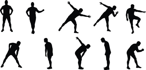 Human silhouette poses, standing, walking, stretching, bending, dynamic body movements, posture reference vector art, gesture study, lifestyle, motion