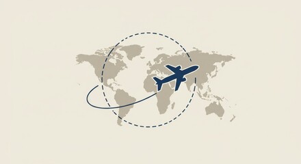 A dark-blue airplane icon flies over a muted-grey world map encircled by a dashed line, suggesting global travel and connectivity on a beige background