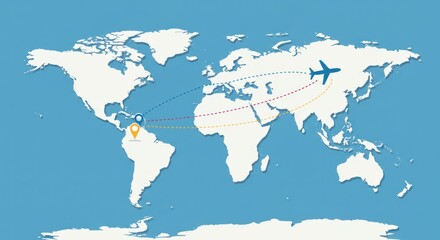 A stylized world map depicts an airplane traversing multiple dotted flight paths connecting two location markers, one in South America and the other near the Middle East, against a light-blue backdrop