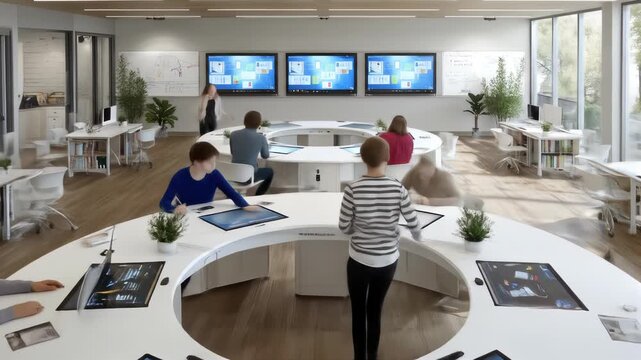 Interior shot of modern office space. Round tables with interactive screens are used by people, and screens/whiteboards are mounted on the wall