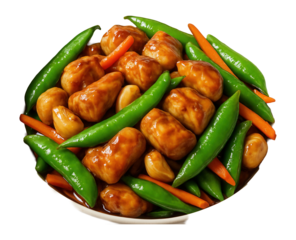 Kung Pao chicken with garlic, carrots, and snap peas.