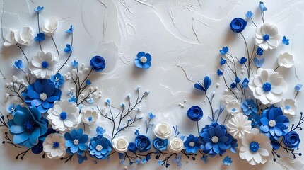 artistic arrangement of blue and white paper flowers delicately arranged against a textured white background