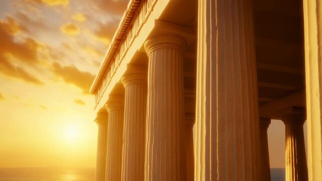 Ancient Greek temple with majestic columns at golden sunset. Justice, history, democracy. Strength, stability. Ideal for legal firms, financial institutions, university ads.