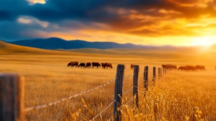 Golden farm pasture with cattle grazing at dramatic sunset. Country life, agriculture, rural America. Nostalgia, freedom, serenity. Ideal for agricultural ads, country music, film intros. - Powered by Adobe