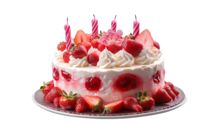 Birthday cake with strawberries- and candles isolated on transparent background