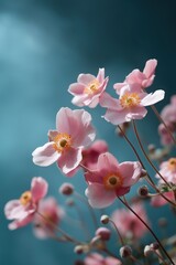 Delicate pink anemone flowers against soft blue background