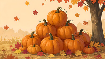 Pumpkins and Falling Leaves in Autumn Park