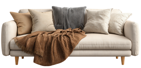 Light beige sofa with brown throw and accent pillows