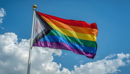 A pride flag waving against a blue sky with white clouds.