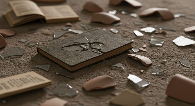 A weathered book, shattered, lies amongst fragments of broken glass and scattered, disassembled computer mice. An open book is also present