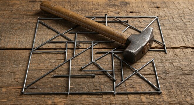 A hammer rests on a haphazard network of metal rods and nails, arranged in geometric shapes, atop a weathered wooden surface