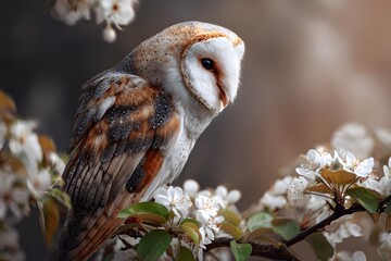 Barn owl on blooming tree