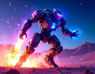 Fototapeta premium Futuristic neon mech robot unleashing fire and electric energy in desert battle