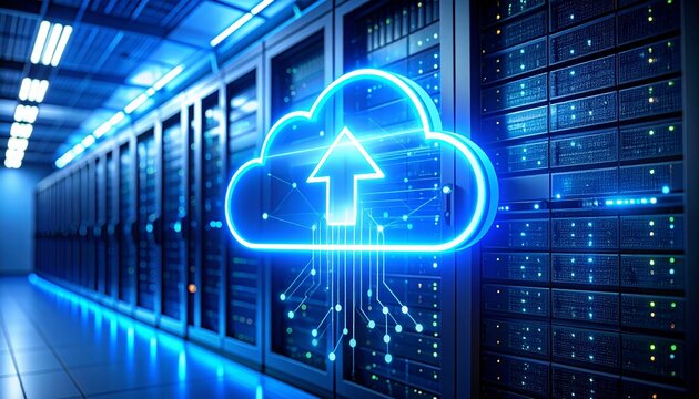 Illuminated cloud symbol with data streams in a server room