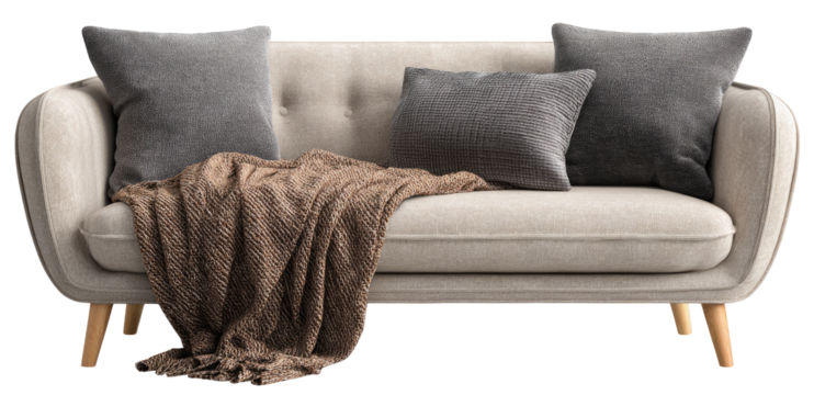 Light beige couch with gray pillows and brown throw