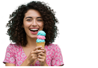 Happy woman holding a colorful ice cream cone isolated on transparent background
