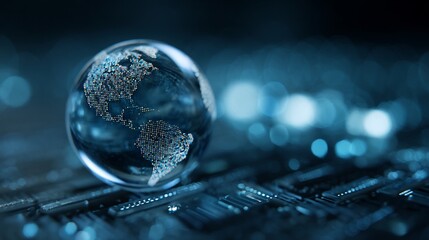 Fototapeta na wymiar Clear globe with continents on circuit board with bokeh blurred background