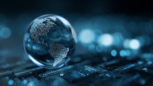 Clear globe with continents on circuit board with bokeh blurred background