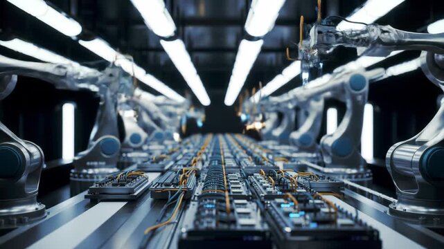 Automated robotic arms working on an assembly line in a factory