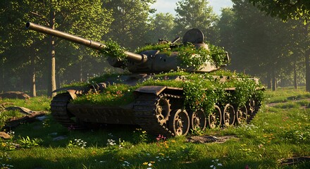Discover a powerful visual metaphor of peace and nature reclaiming war in this tank overgrown with wildflowers, perfect for adding a unique environmental message to your project