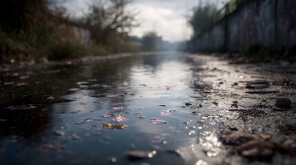 Fototapeta premium Polluted urban canal clogged with household waste
