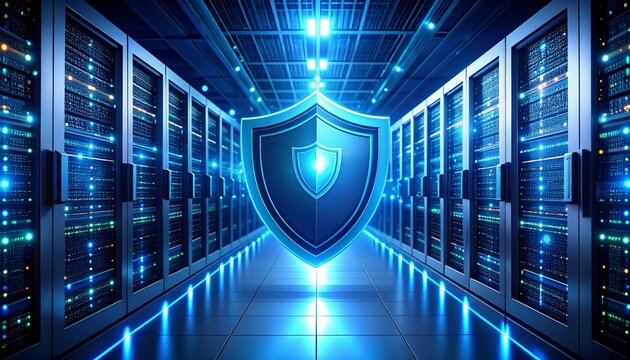 Cybersecurity shield in data center with glowing technology displays - Powered by Adobe
