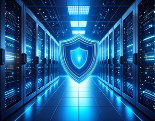 Modern cybersecurity shield protecting data server room with lights