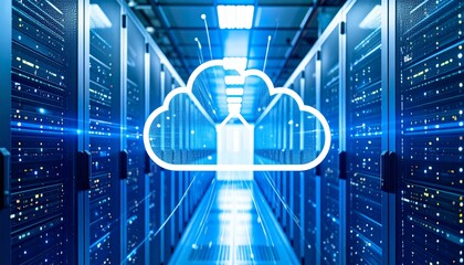 Abstract cloud computing illustration over a modern data center