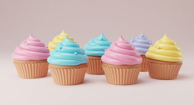 Seven pastel-frosted cupcakes arranged on a pink background, each with a swirl of vibrant frosting, creating a pleasing, colorful display