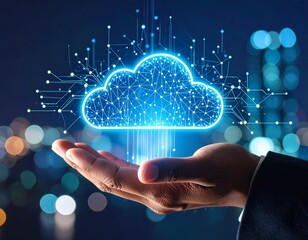 Hand holding a digital cloud representing data transfer technology