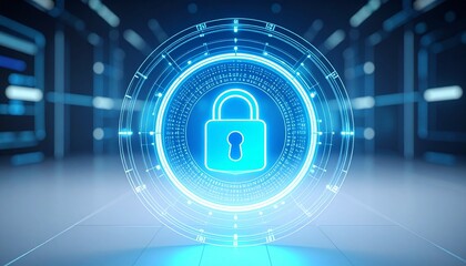 Futuristic digital lock icon glowing in blue with abstract technology 