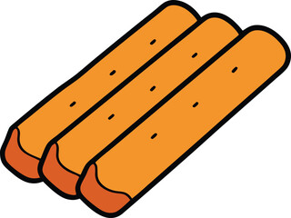 Three golden-brown, elongated food items with black outlines and small dots