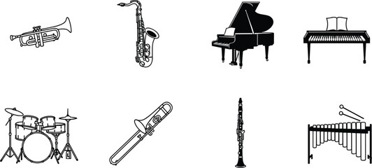 vMusical instrument vector set, trumpet, saxophone, piano, keyboard, drum set, trombone, clarinet, xylophone, music icons, education art