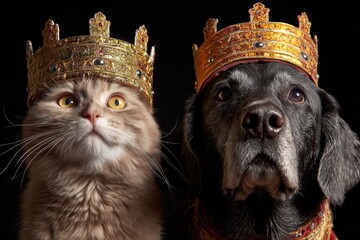 Adorable Cat and Dog Wearing Majestic Crowns on Dark Background
