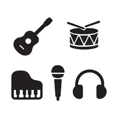 Musical Instruments Collection Silhouette Icons Guitar Drum Microphone Piano and Headphones for Music Production and Audio Engineering Applications