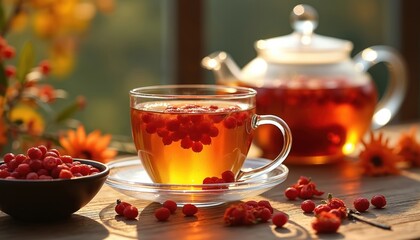 Warm chrysanthemum tea with goji berries in clear cup, teapot. Vibrant herbal infusion garnished with berries. Healthy aromatic natural drink offers relaxation, warmth, promoting wellness,