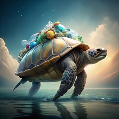 Majestic Sea Turtle Carries Heavy Load of Ocean Plastic Symbolizing Environmental Crisis and Urgency for Change